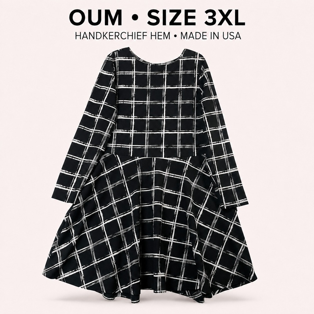 OUM Women's 3XL Black White Plaid Handkerchief Hem Long Sleeve Dress USA